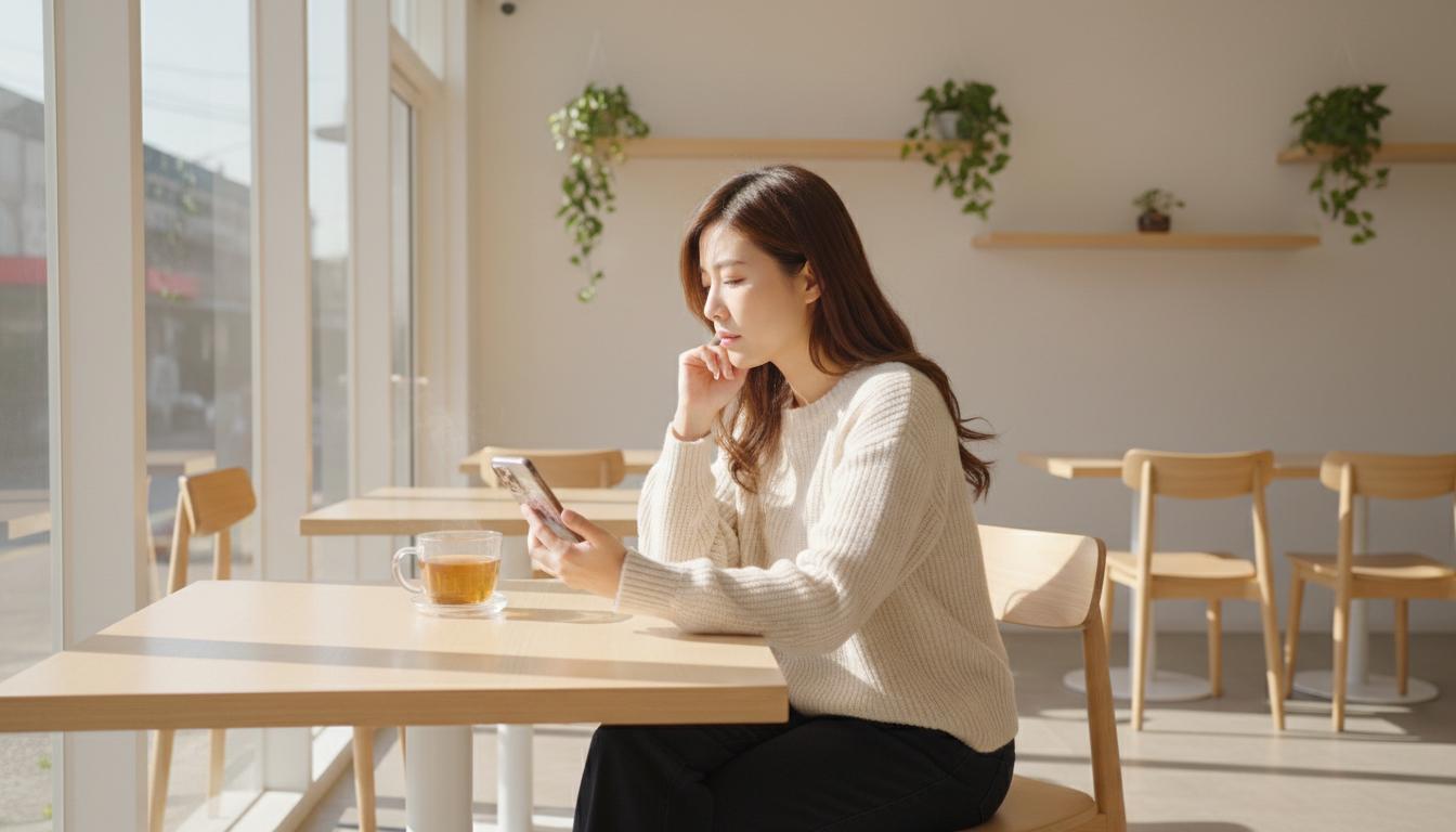 在新竹光復路咖啡館中瀏覽頭皮護理資訊的女性
