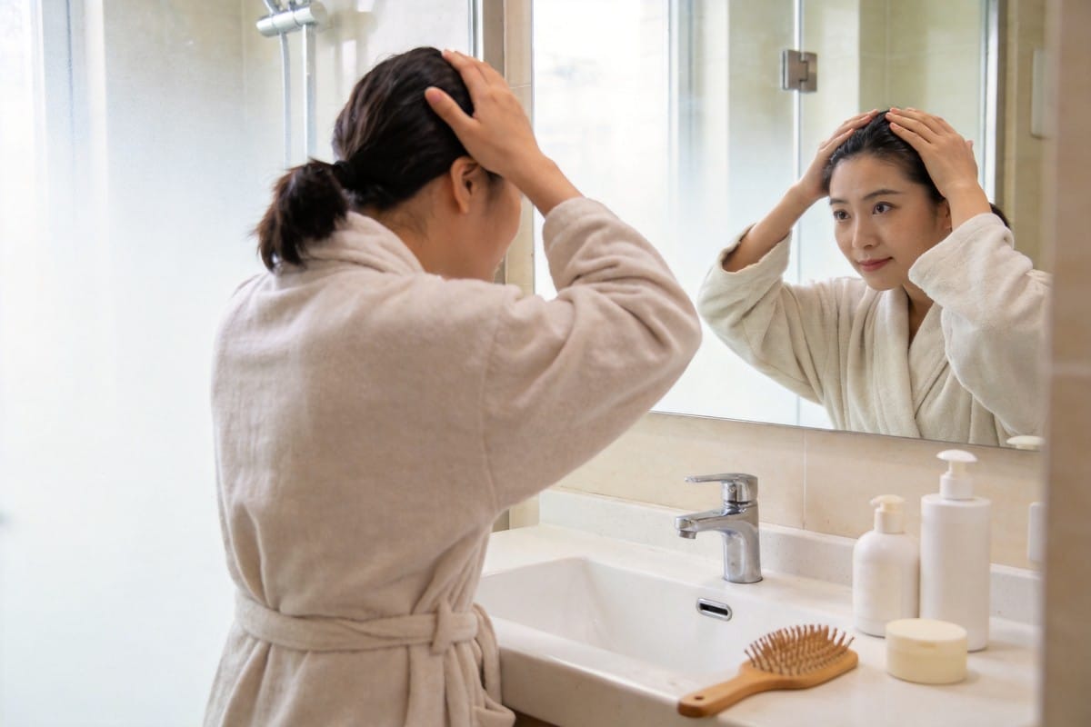 女性在家中進行日常頭皮按摩保養