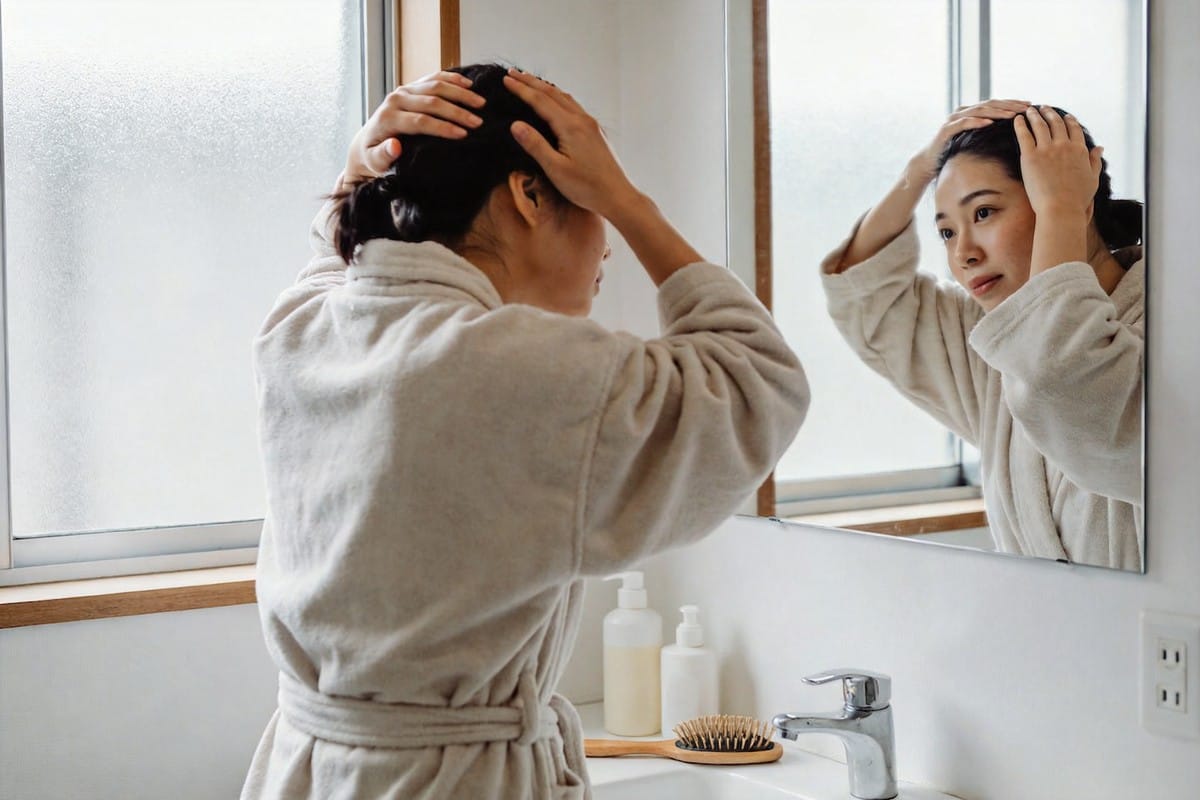 女性在家中進行日常頭皮按摩保養