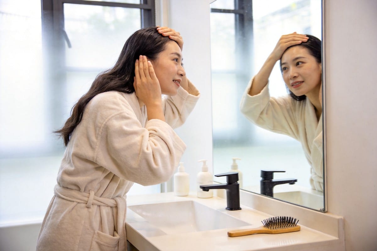女性在家中進行日常頭皮按摩保養