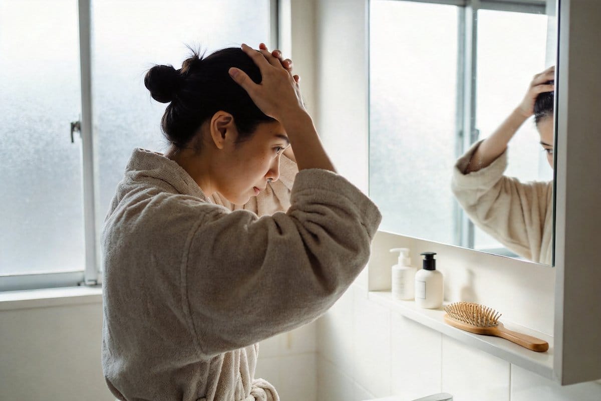 女性在家中進行日常頭皮按摩保養