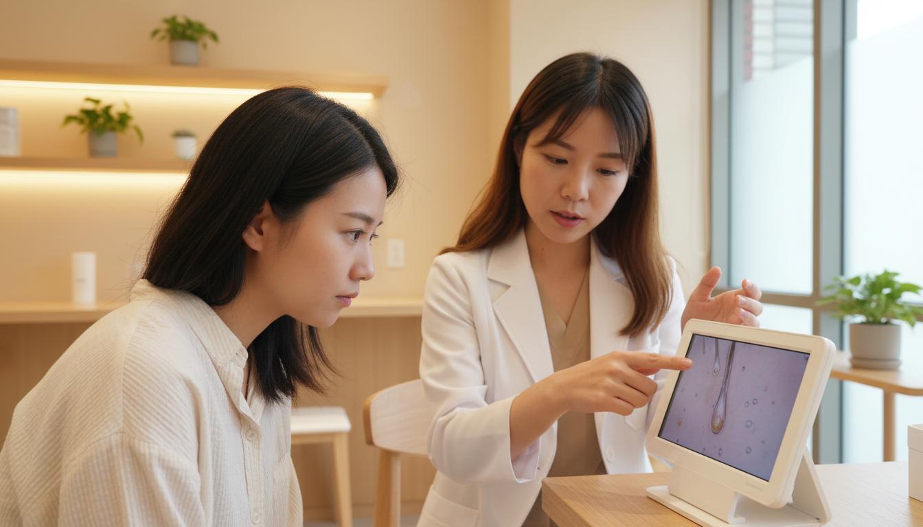 養護師向顧客展示頭皮檢測結果，共同討論頭皮管理方向