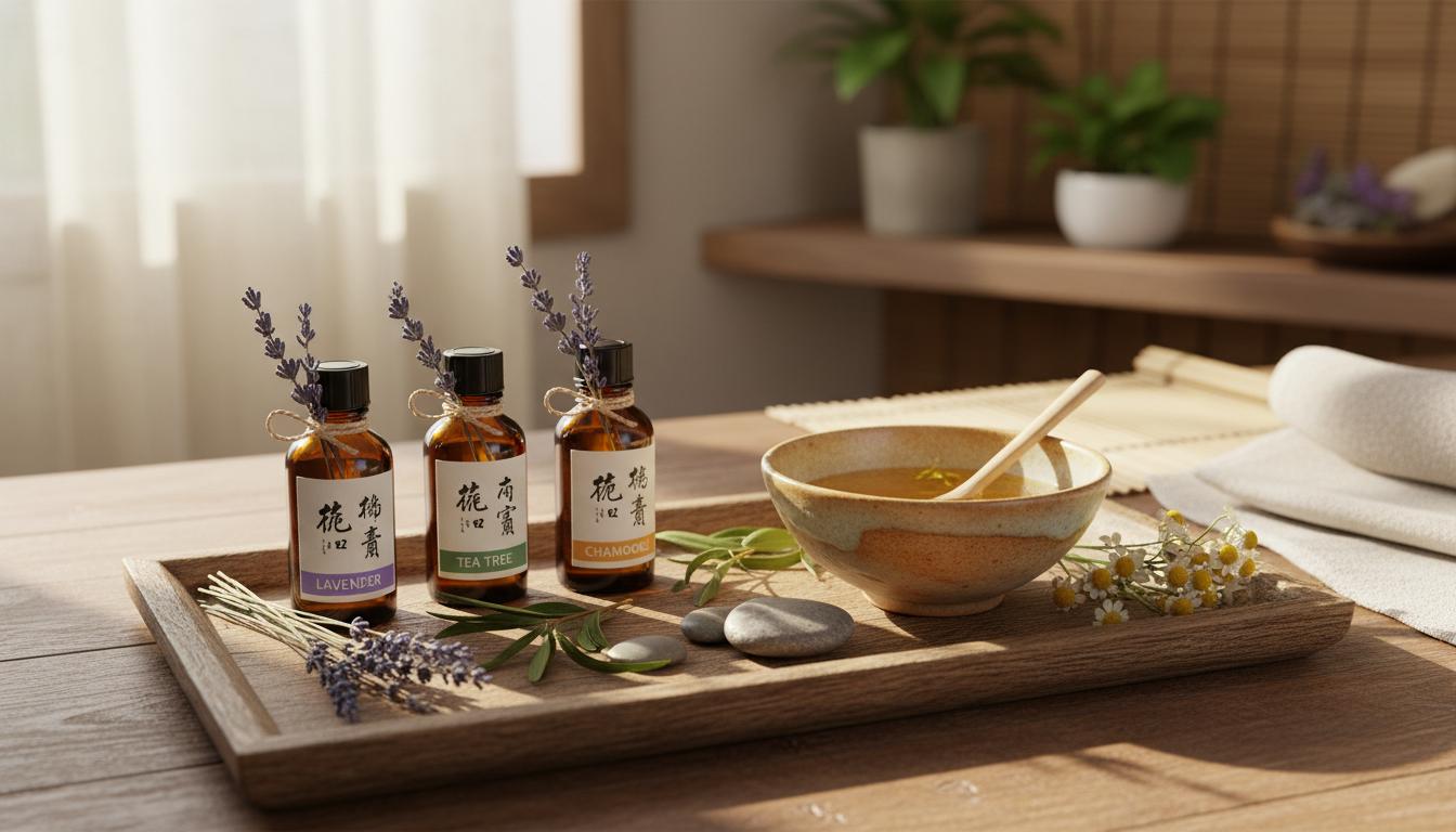 木盤上整齊排列的精油瓶與天然花草